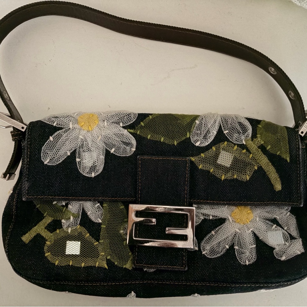 Floral Embroidered Denim Shoulder Bag
